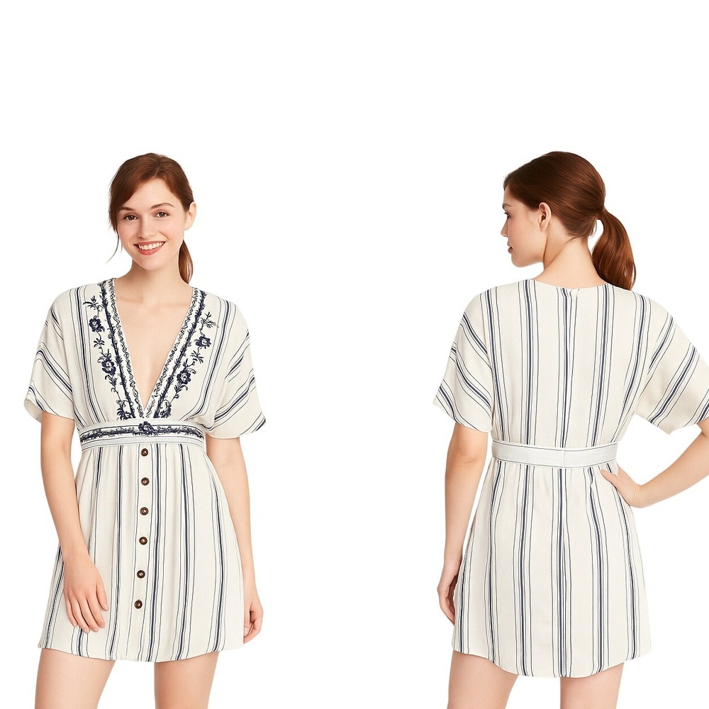 Blu Pepper Mini Dress Small White Navy Striped V-Neck Embroidered Boho Beach